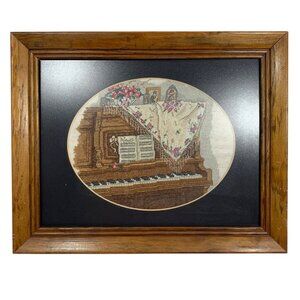 INTRICATE Piano Minuet Floral Music Room Art Framed Needlepoint Finished VTG